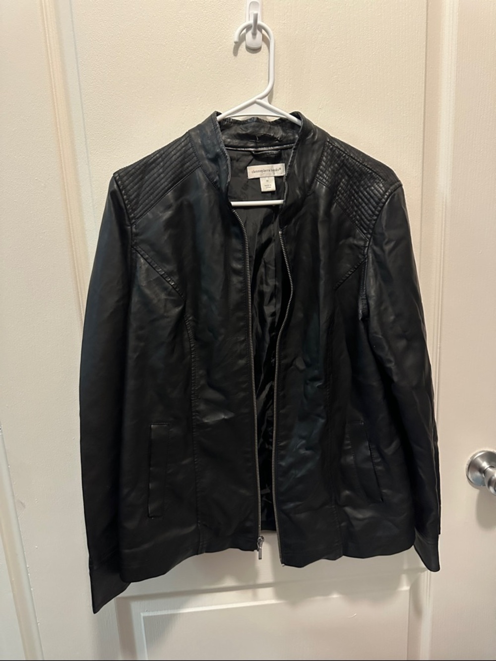 Christopher & Banks Black Faux Leather Zip Jacket with Quilted Shoulders
